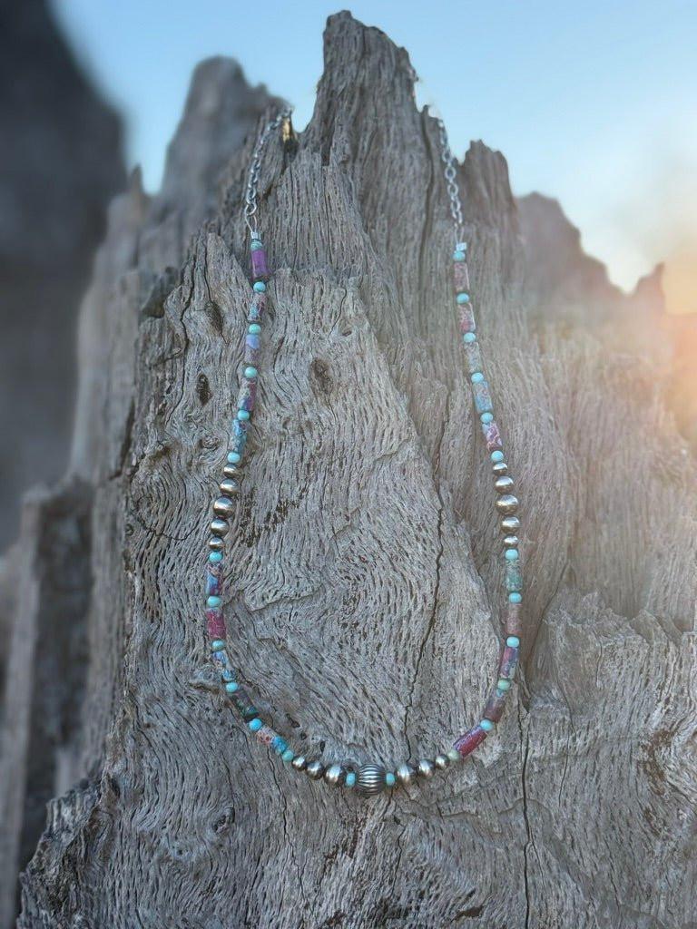 Corrugated Silver Pearl and Jasper Barrel Bead Necklace
