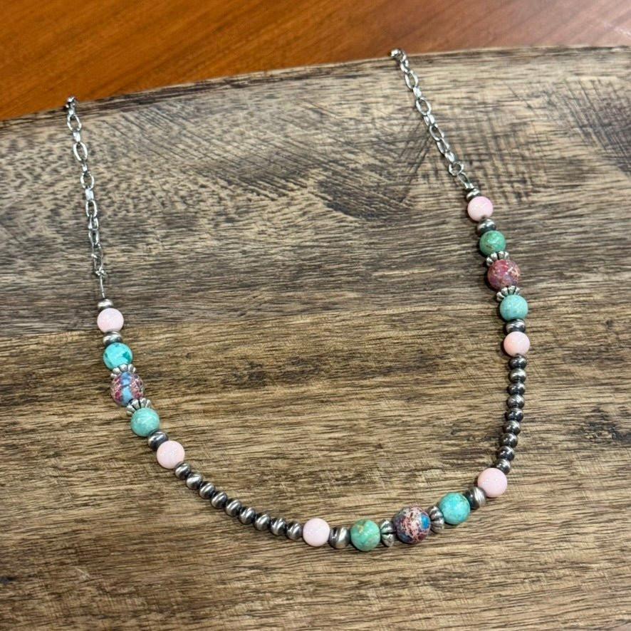 Queen Conch and Round Turquoise Mosaic Beaded Necklace