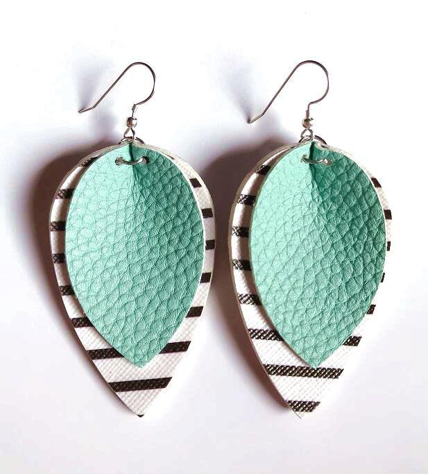 Mint Striped Leather Drop Earrings
